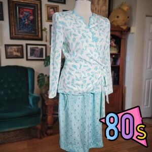 Leslie Fay Skirt Suit Set Vintage 80s Teal White Abstract Wrap Pencil Skirt 10